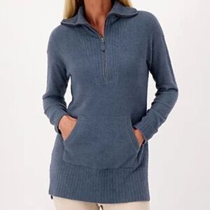 Barefoot Dreams CozyChic Lite Knit Quarter Zip Pullover Tunic Sweater Grey/Blue